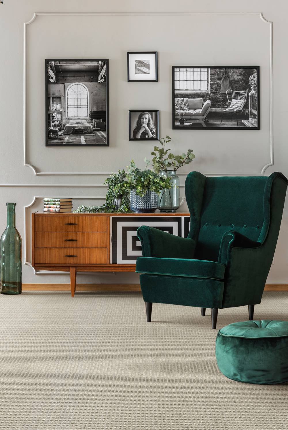 Carpet Blog Green Chair A home office featuring EF carpet and a green fabric chair.