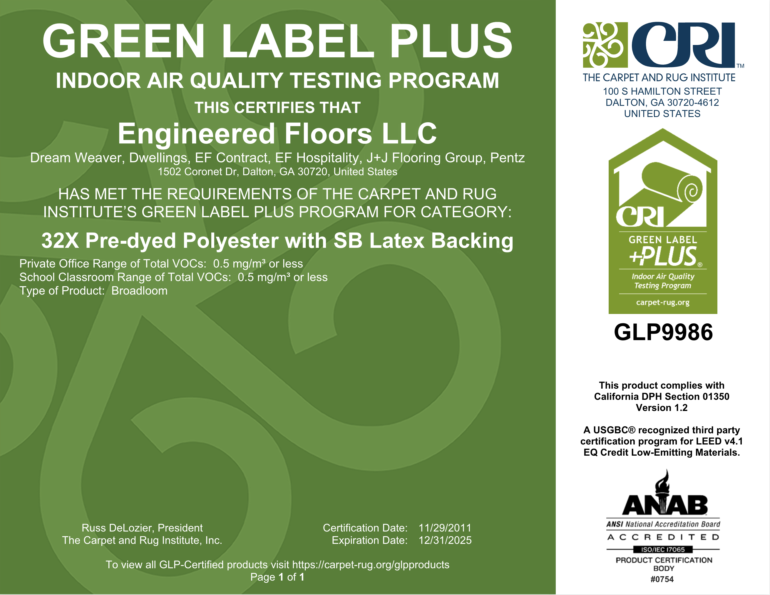 Image tile of Engineered Floors' Green Label Plus Certification