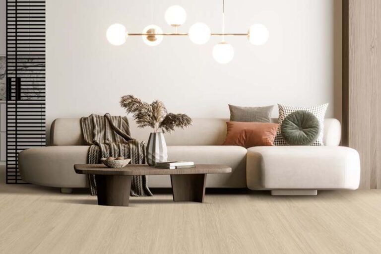 A modern living room with sofa and coffee table on EF hard surface flooring