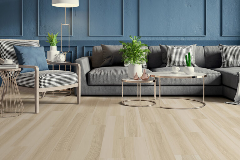 Modern vintage interior of living room, gray sofa with wood armchair and cofee table on concrete floor tiles and dark blue wall,3d rendering